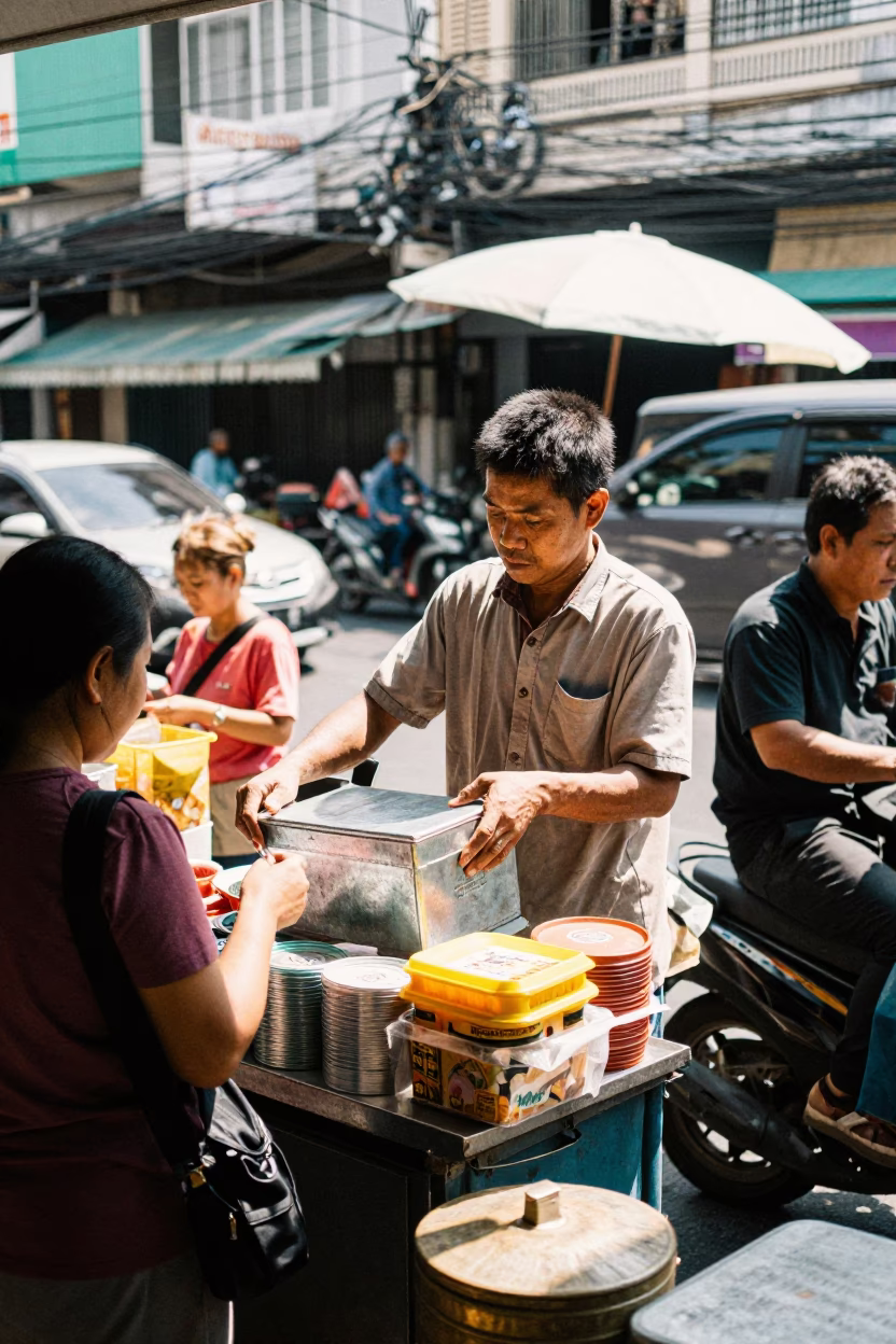 Busy Bangkok Street Vendor Stall Midday Scene with Tin Box and Local Interaction in in Bangkok, Thailand