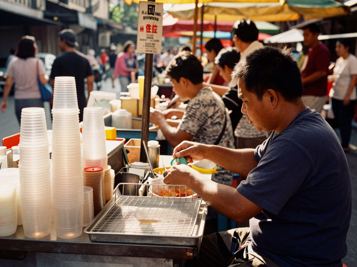 Busy Bangkok street vendor stall with plastic cups and tray under noon glare in in Bangkok, Thailand