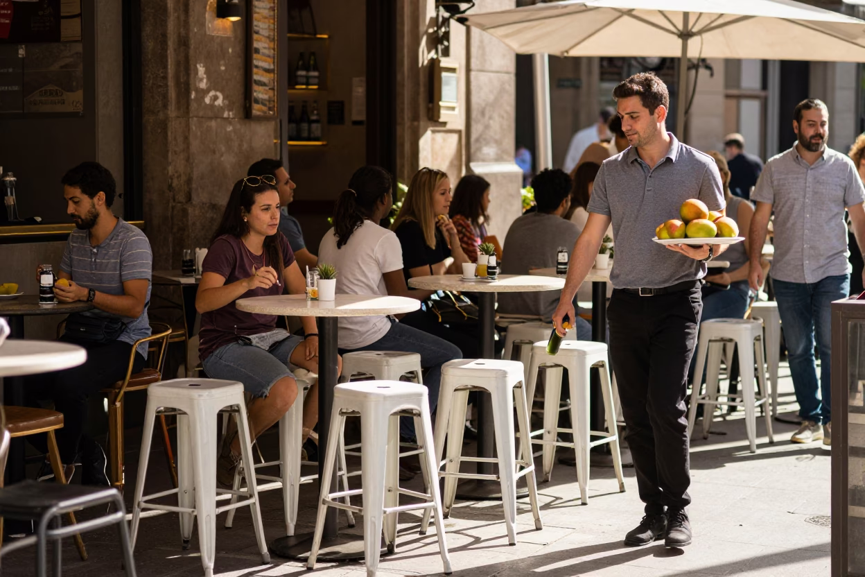 Busy Barcelona Cafe Terrace Early Afternoon With Bar Stools And Mangoes in in Barcelona, Spain