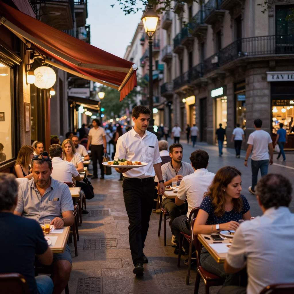 Busy Barcelona Early Evening Street Scene with Local Diners and Urban Architecture in in Barcelona, Spain