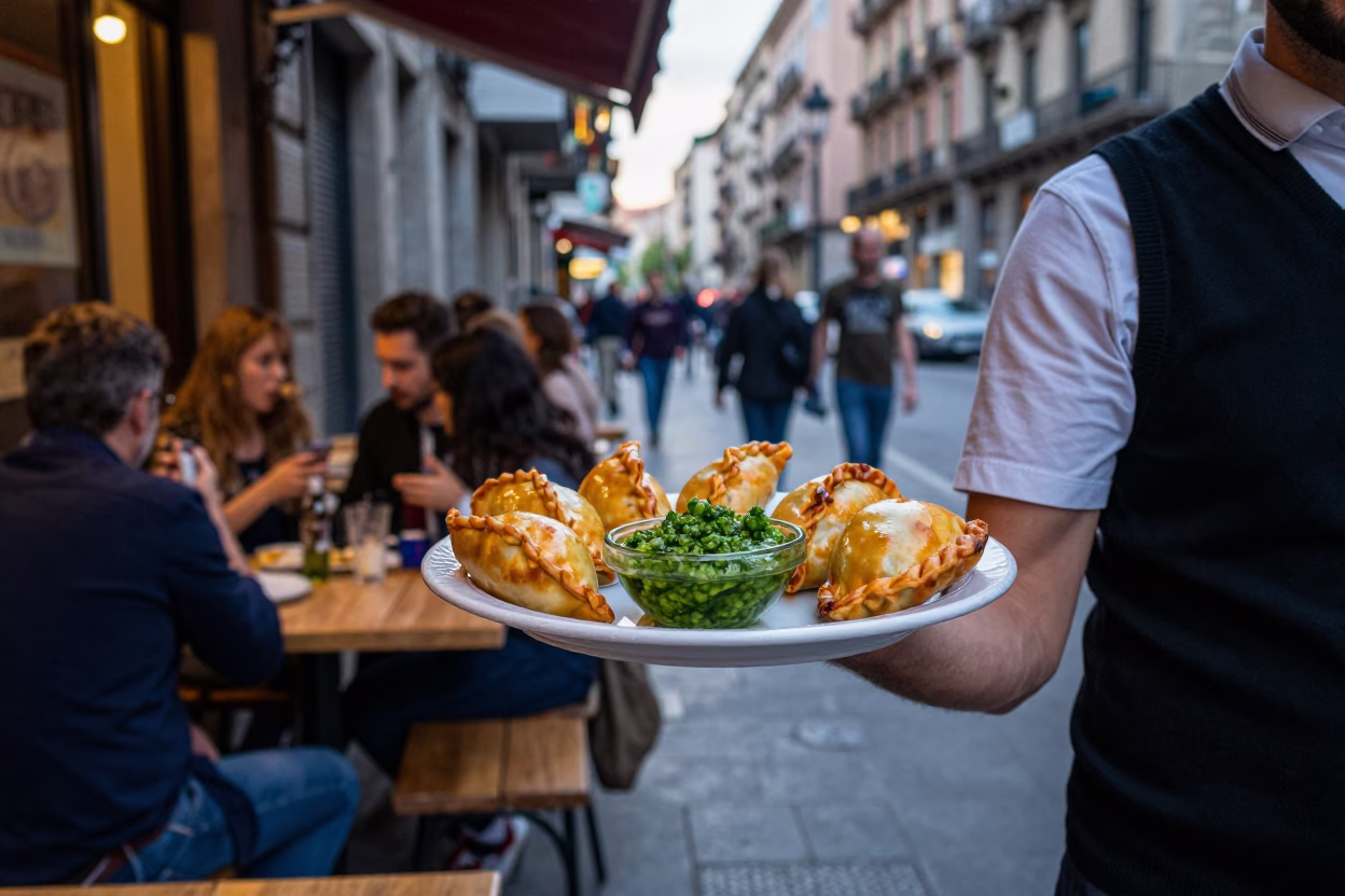 Busy Barcelona Evening Street Scene with Food and Urban Life in in Barcelona, Spain