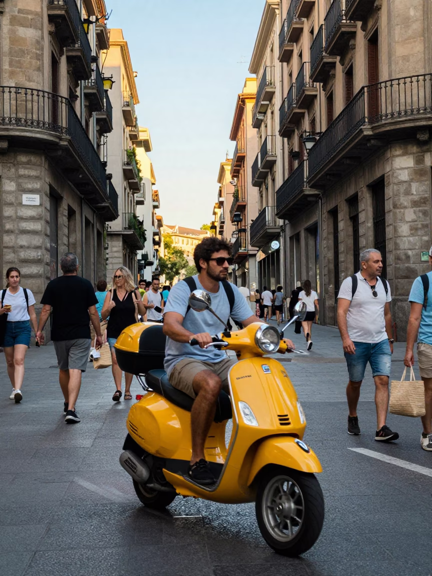 Busy Barcelona Late Morning Street Scene with Scooter and Local Life in in Barcelona, Spain