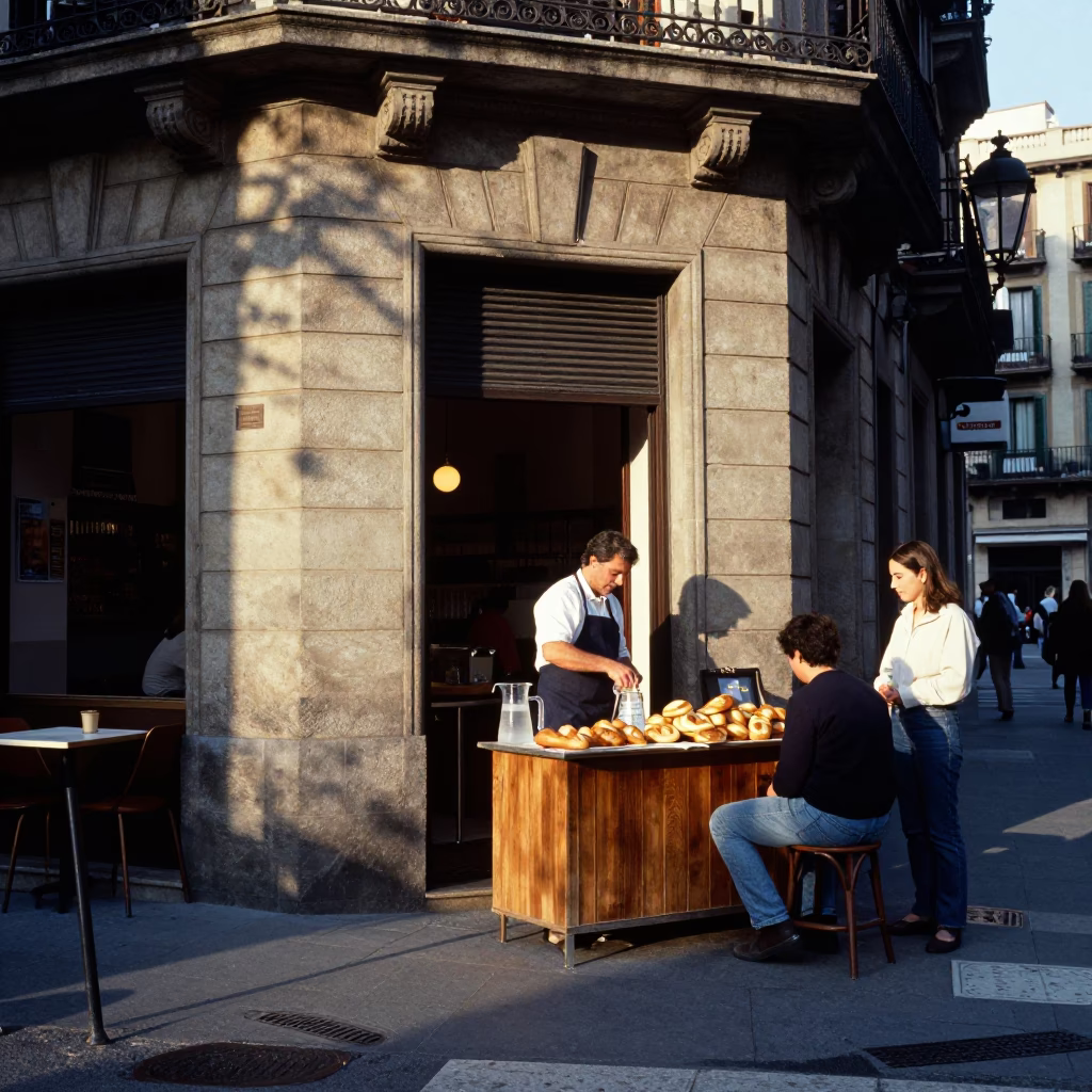 Busy Barcelona street corner just after sunrise with glass pitcher and measuring cups in in Barcelona, Spain