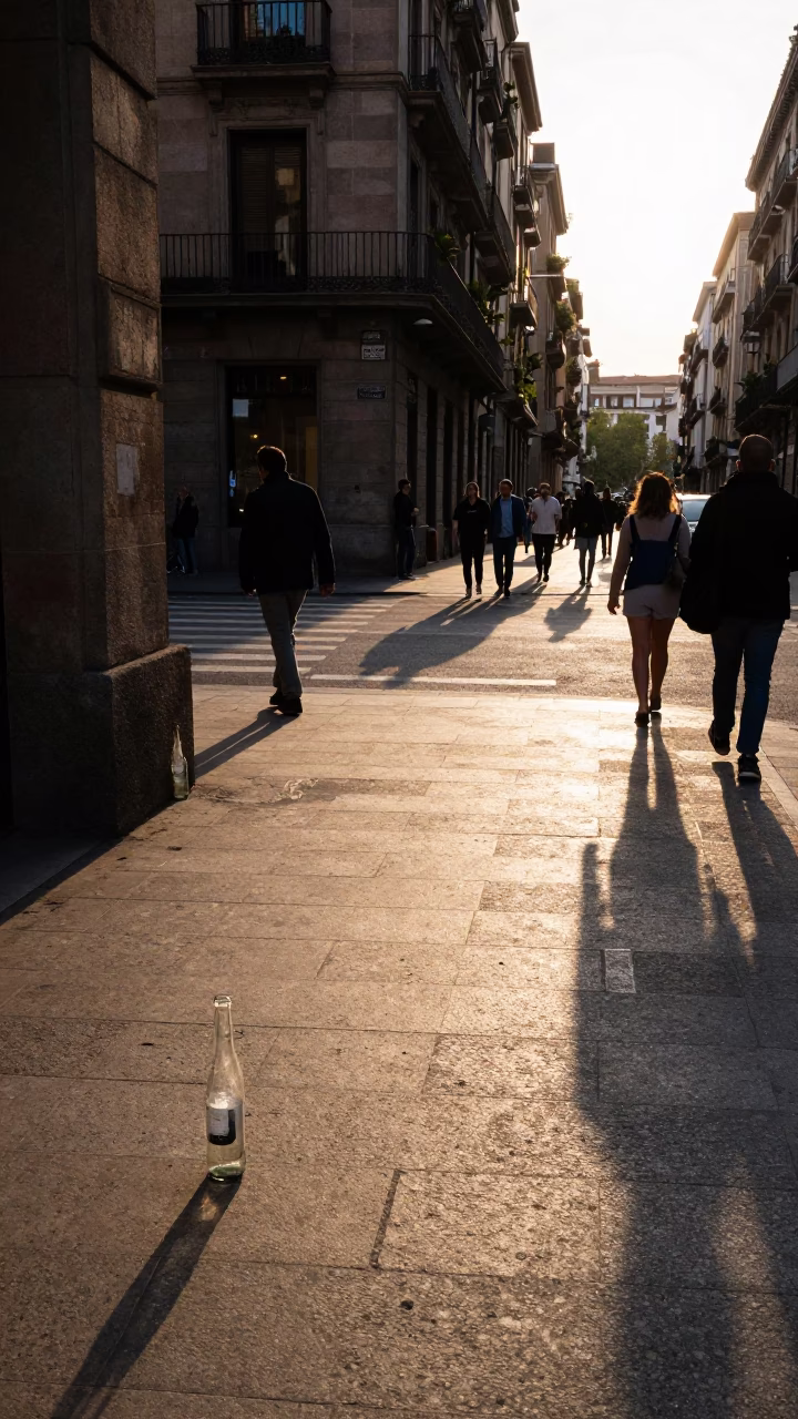 Busy Barcelona Street Corner Late Afternoon with Olive Dish and Glass Bottles in in Barcelona, Spain