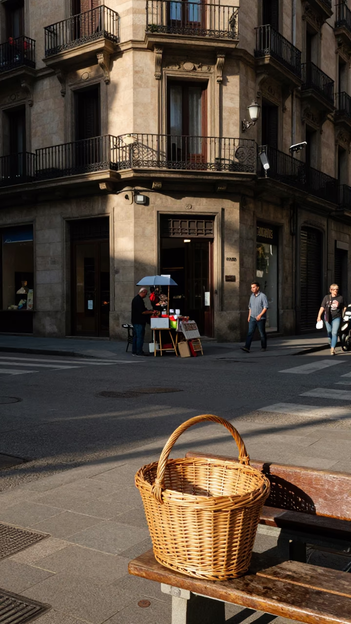 Busy Barcelona Street Corner Late Morning with Wicker Hamper and Fountain Pen in in Barcelona, Spain