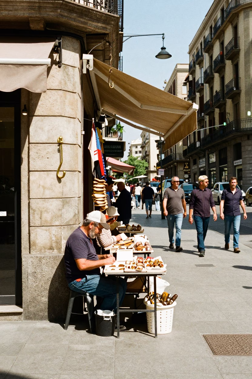 Busy Barcelona Street Corner Noon Light with Local Vendor and Hanging Items in in Barcelona, Spain