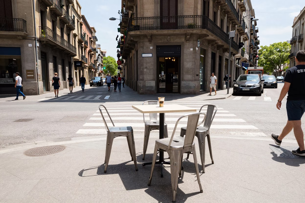 Busy Barcelona Street Corner Under Noon Sun with Metal Stools and Local Interaction in in Barcelona, Spain
