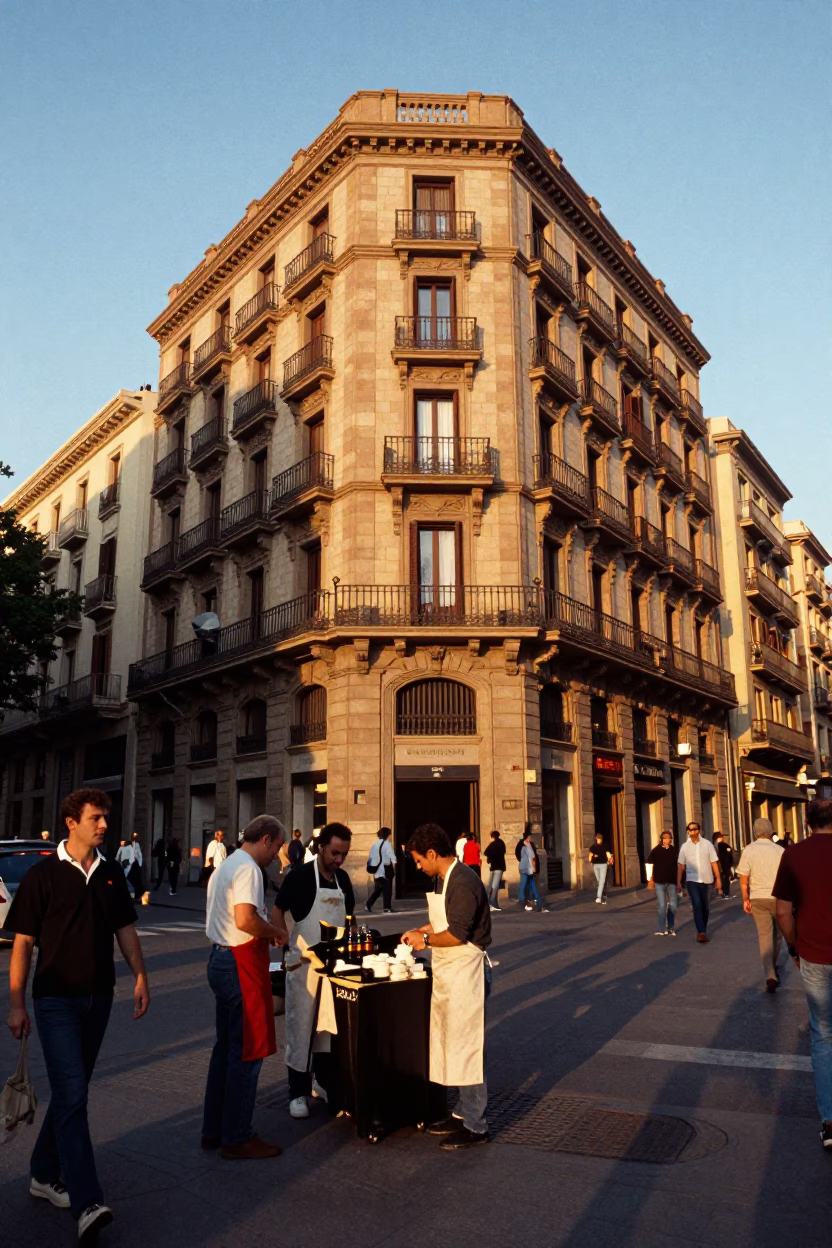 Busy Barcelona Street Scene at Golden Hour with Vendor Aprons and Architectural Details in in Barcelona, Spain
