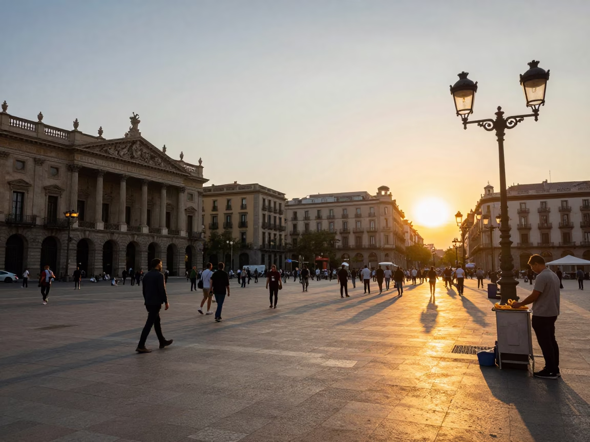 Busy Barcelona street scene at sunset with churros and chocolate sauce in in Barcelona, Spain