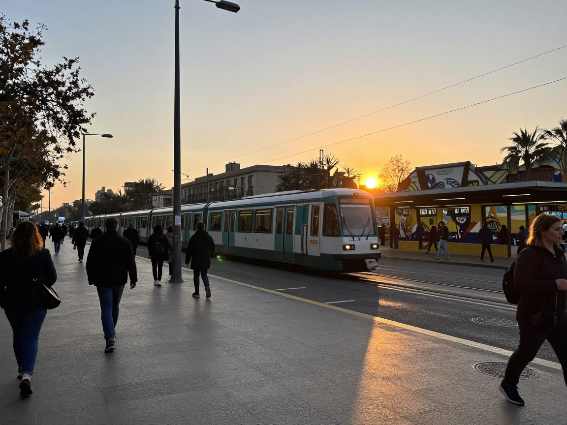 Busy Barcelona Street Scene at Sunset with Metro Train and Wooden Ladder in in Barcelona, Spain