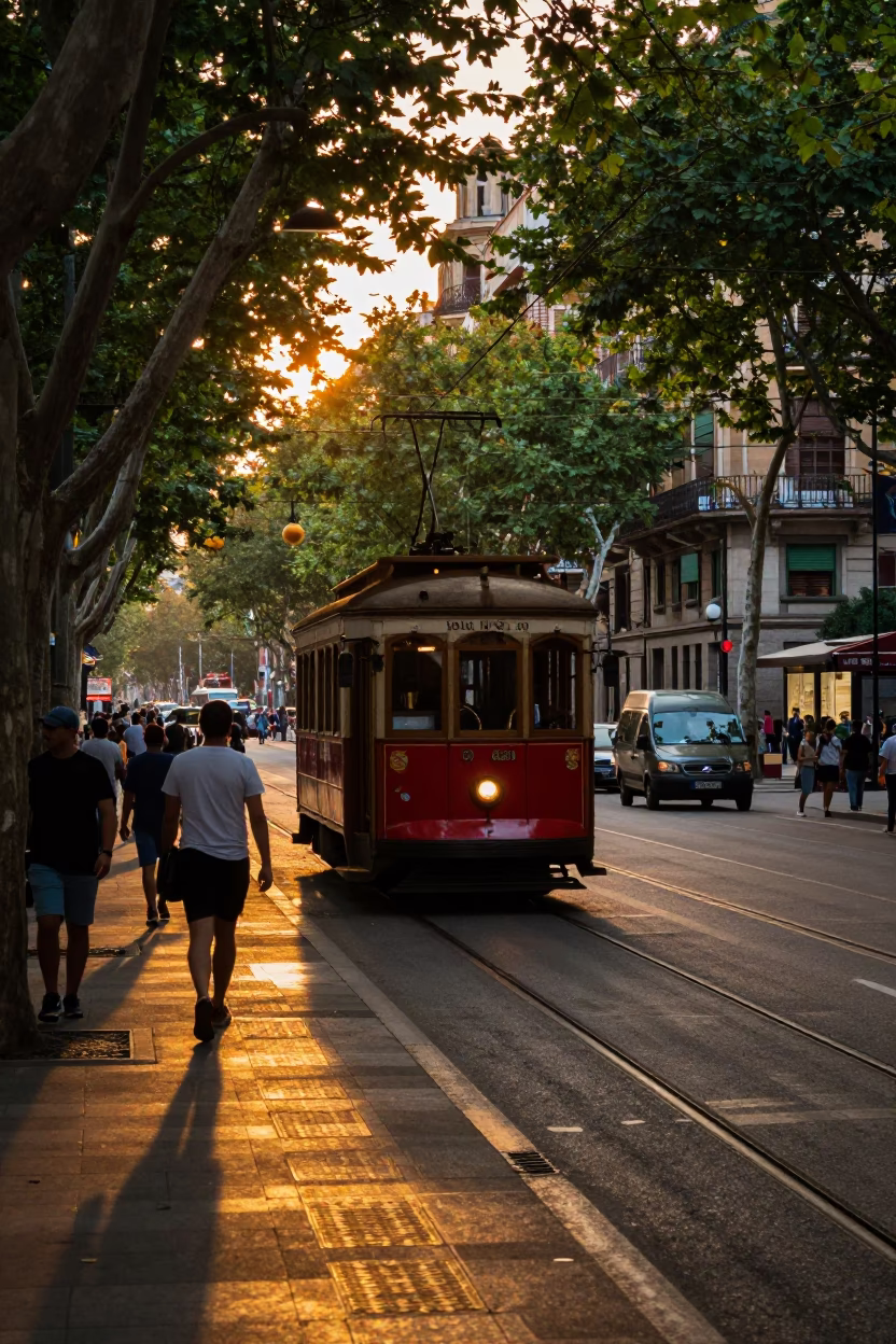 Busy Barcelona Street Scene at Sunset with Old Trolley and Tree-Lined Avenue in in Barcelona, Spain