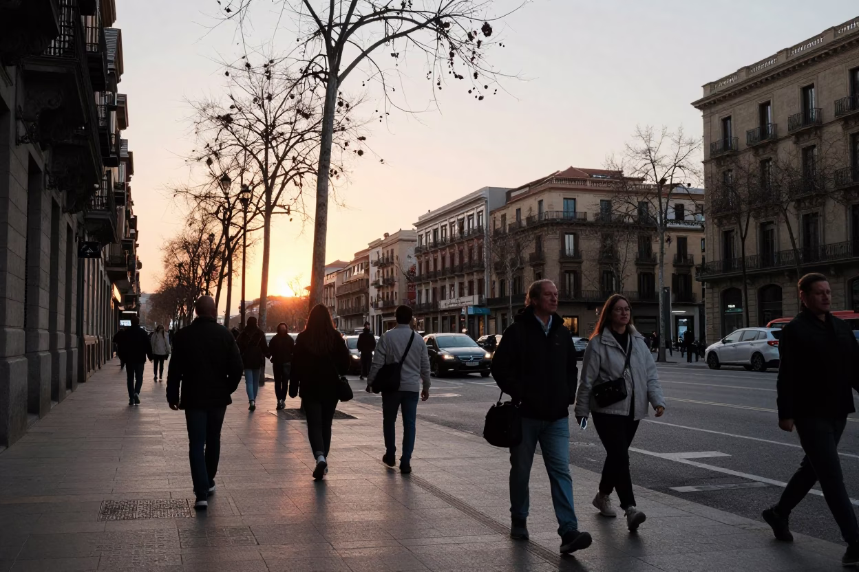 Busy Barcelona street scene at sunset with pedestrians and traditional architecture in in Barcelona, Spain