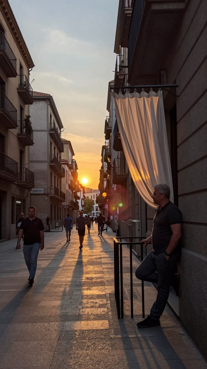 Busy Barcelona Street Scene at Sunset with Stair Rail and Window in in Barcelona, Spain