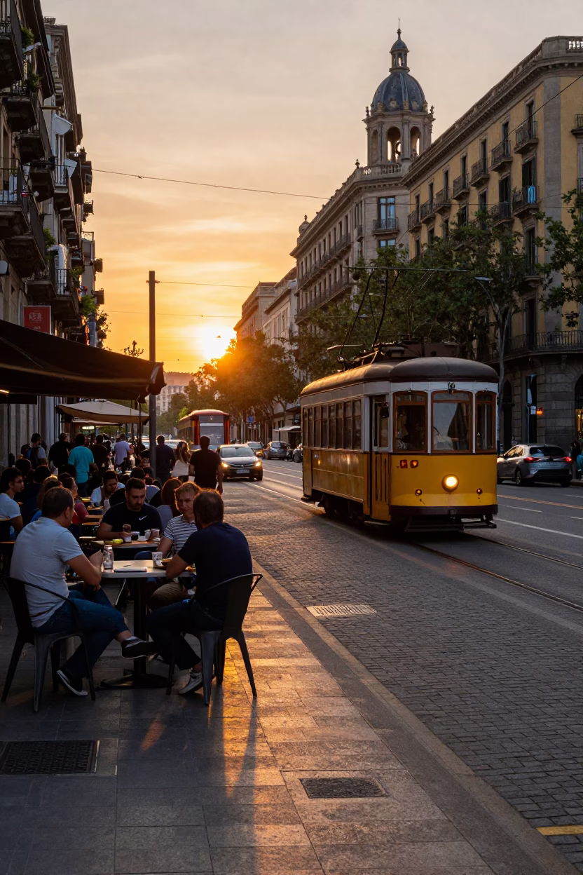 Busy Barcelona Street Scene at Sunset with Tram and Local Interaction in in Barcelona, Spain