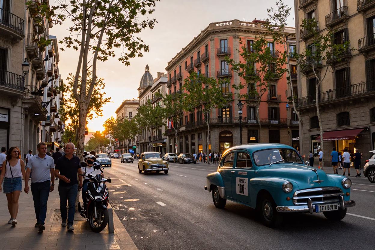 Busy Barcelona Street Scene at Sunset with Vintage Car Rally and Local Interaction in in Barcelona, Spain