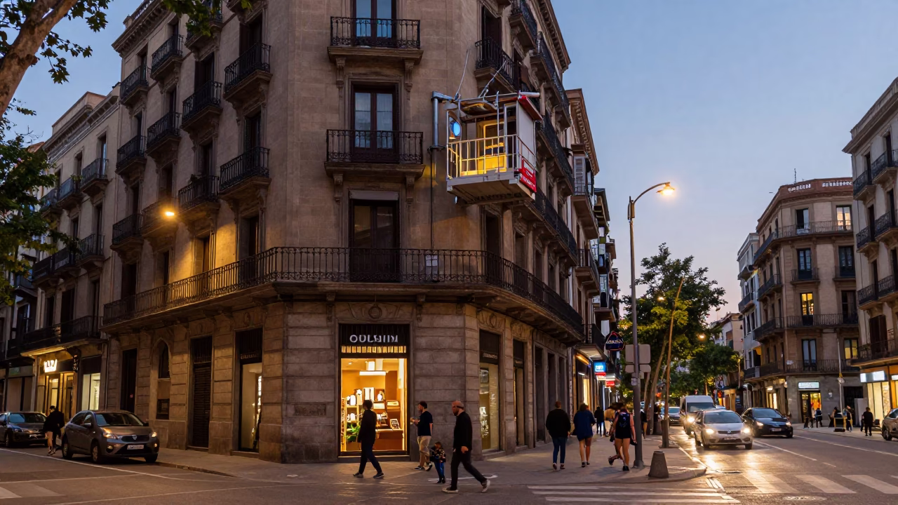 Busy Barcelona Street Scene Before Dawn with Maintenance Cage and Frosty Wheel in in Barcelona, Spain