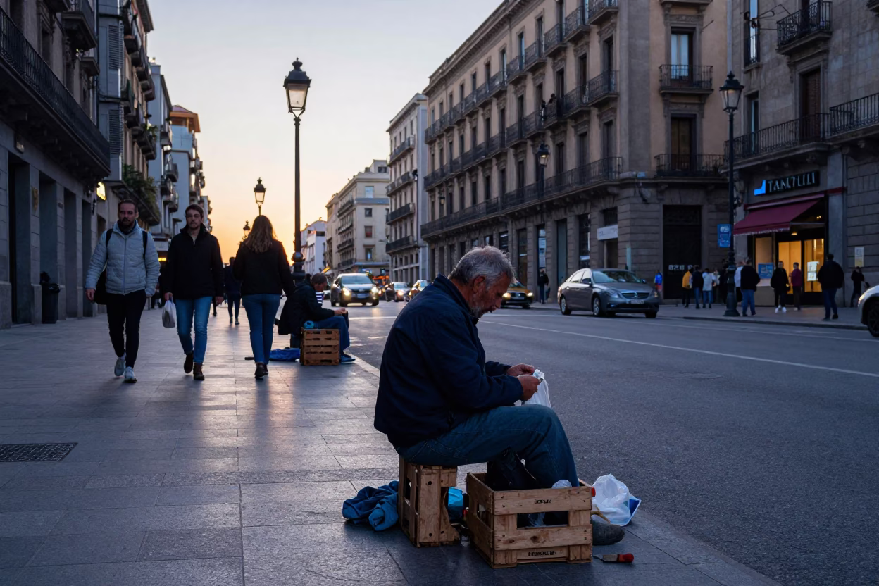 Busy Barcelona Street Scene Before Sunrise with Fisherman Mending Nets at Harbor in in Barcelona, Spain
