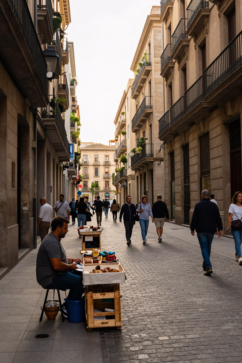 Busy Barcelona Street Scene Early Afternoon with Linen Fringe and Local Activity in in Barcelona, Spain