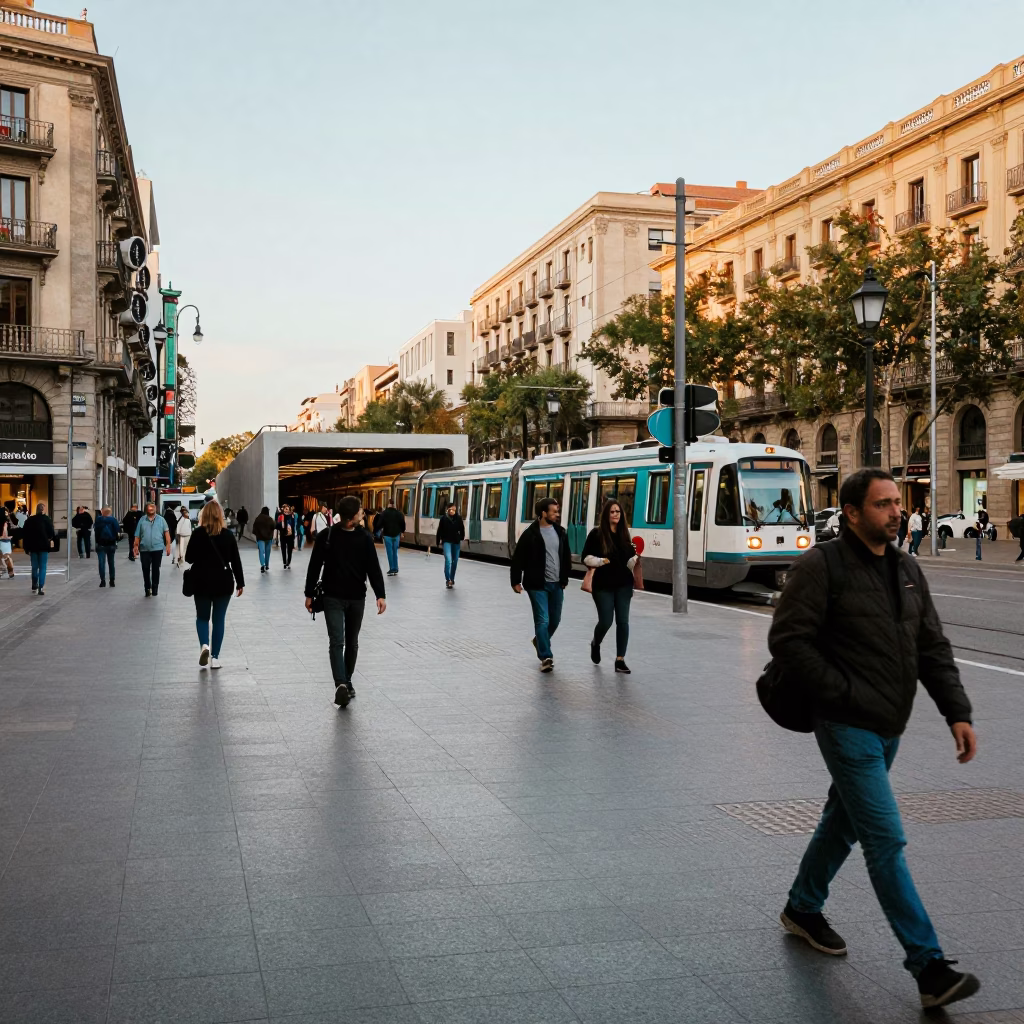 Busy Barcelona Street Scene Early Afternoon with Metro Train and Local Life in in Barcelona, Spain
