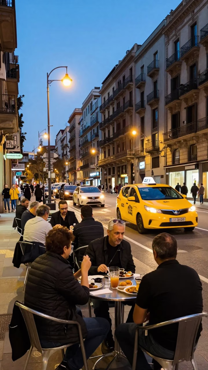 Busy Barcelona Street Scene Early Evening with Yellow Taxi and Outdoor Dining in in Barcelona, Spain