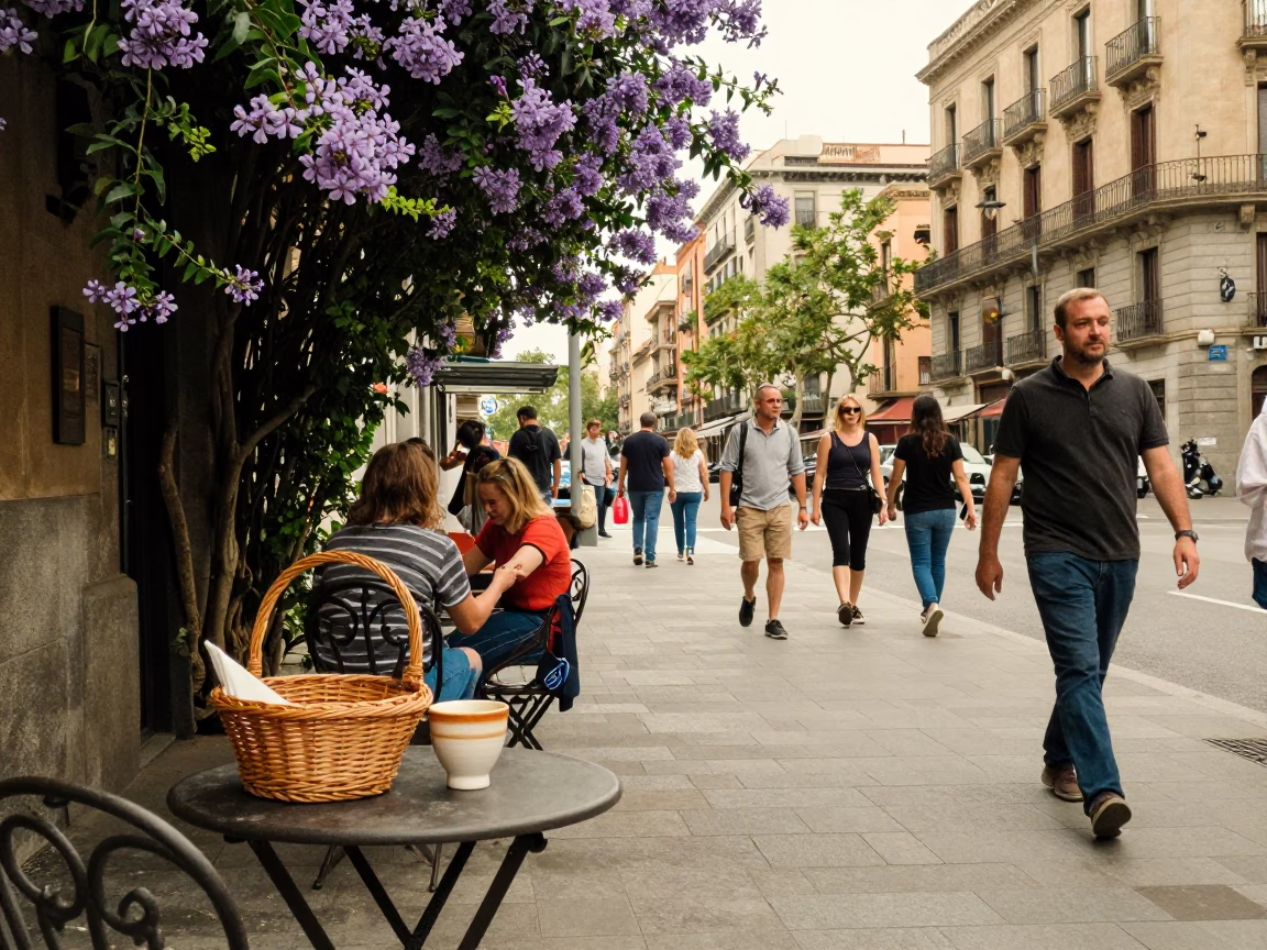 Busy Barcelona Street Scene Late Morning Plumbago Hedge and Ceramic Cup in in Barcelona, Spain