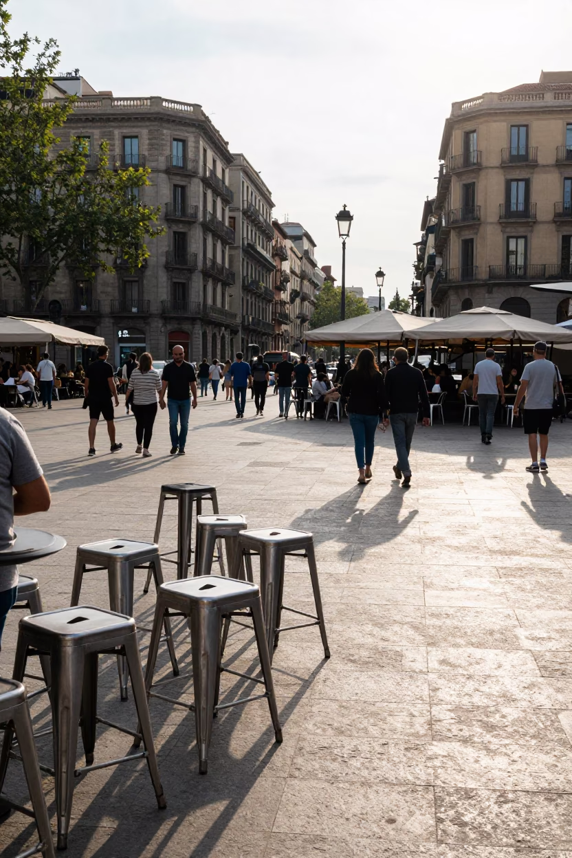 Busy Barcelona Street Scene Late Morning with Metal Stools and Local Market Activity in in Barcelona, Spain