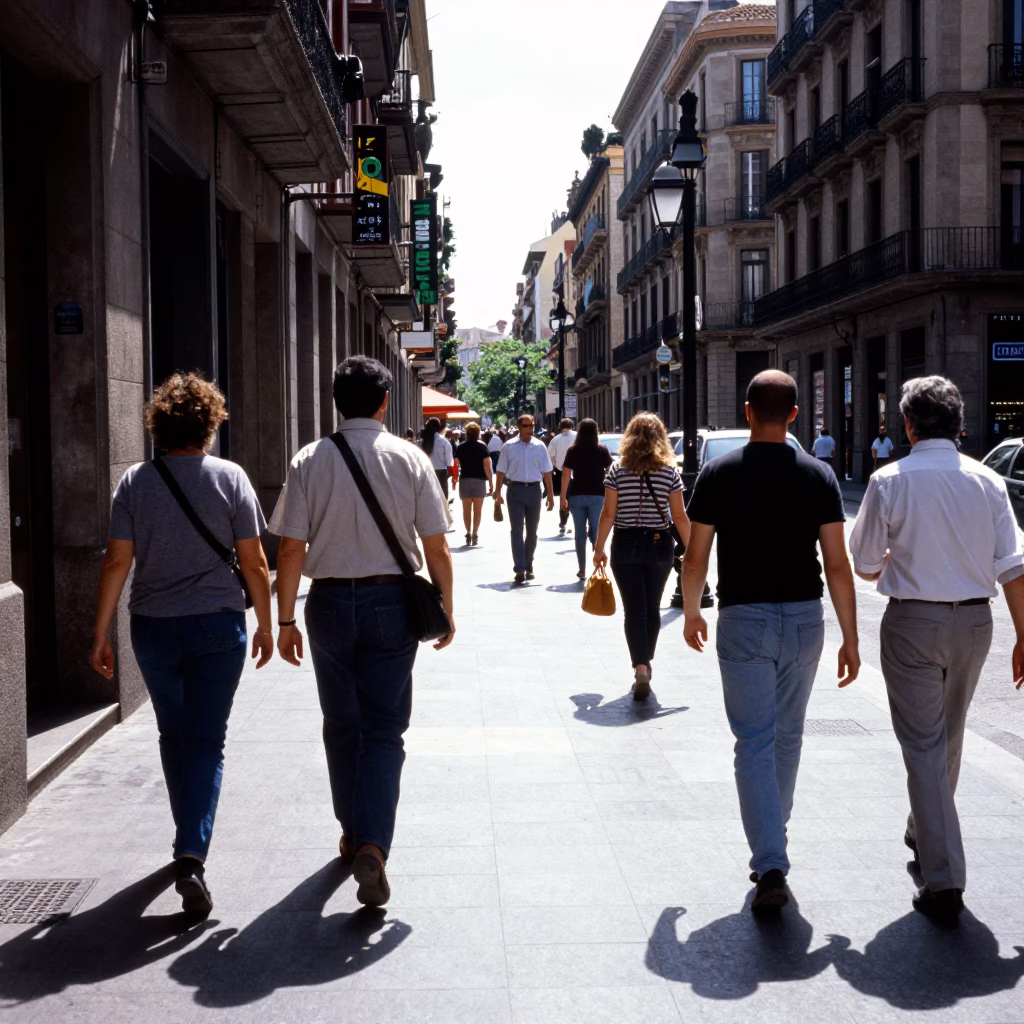 Busy Barcelona Street Scene Under Flat Noon Glare with Vintage Details and Local Life in in Barcelona, Spain