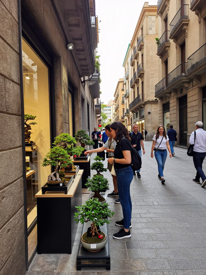 Busy Barcelona Street Scene with Bonsai Shop Window Display in Bright Midmorning Light in in Barcelona, Spain