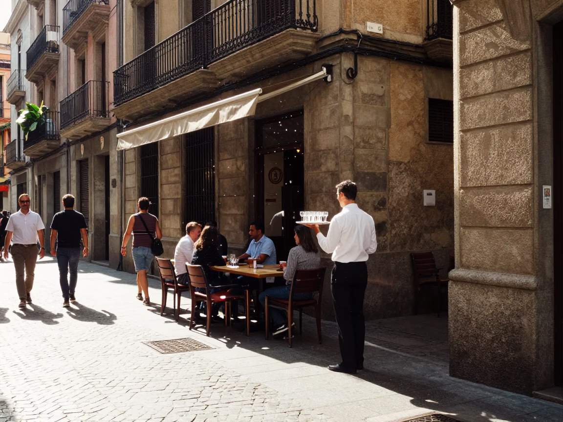 Busy Barcelona Street Scene with Water Droplets on Broad Leaves at Midday in in Barcelona, Spain