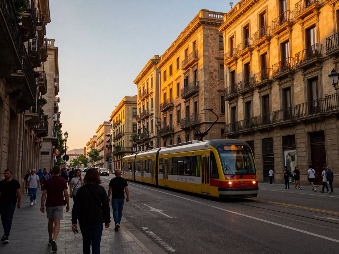 Busy Barcelona Sunset Street Scene with Funicular and Local Dining in in Barcelona, Spain