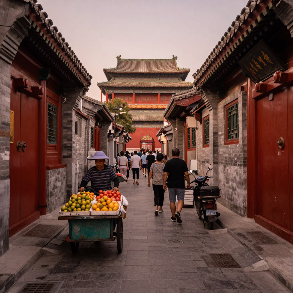 Busy Beijing Alleyway Before Dusk with Traditional Architecture and Local Life in Copper Light in in Beijing, China