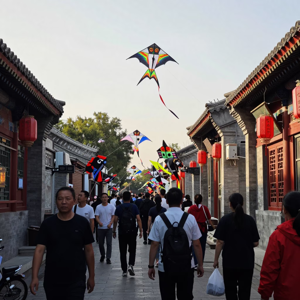 Busy Beijing Alleyway Early Afternoon with Kite Festival and Traditional Architecture in in Beijing, China