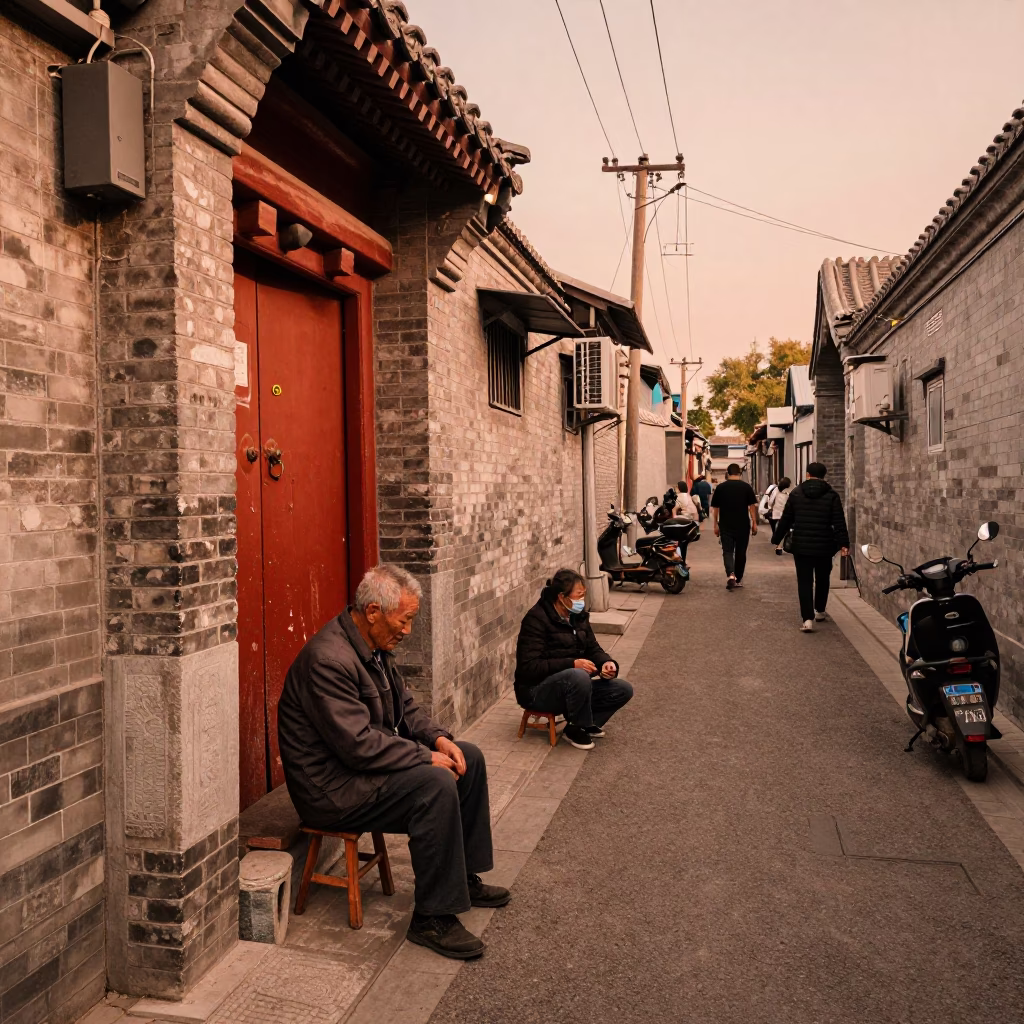 Busy Beijing Alleyway Scene in Copper Toned Light Before Dusk with Traditional Writing Brushes in in Beijing, China