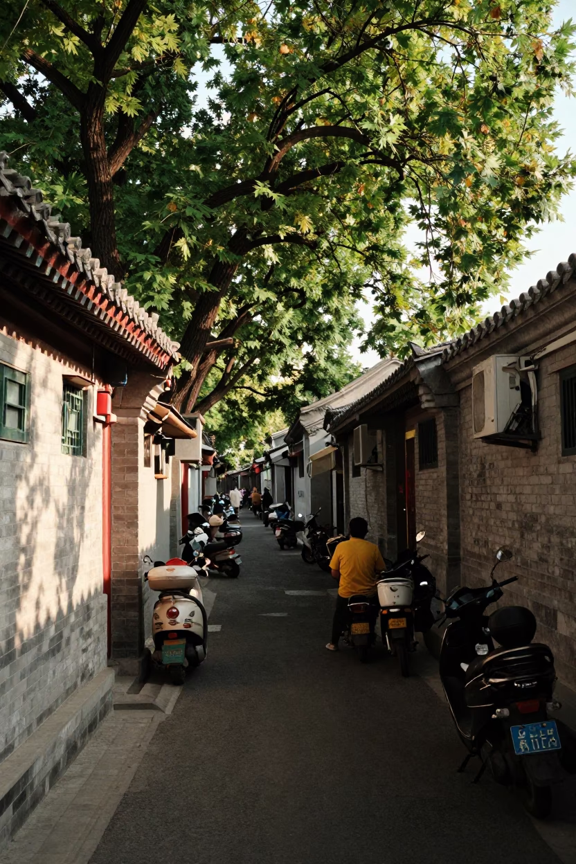 Busy Beijing Alleyway Street Scene in Early Afternoon with Tea and Calligraphy in in Beijing, China
