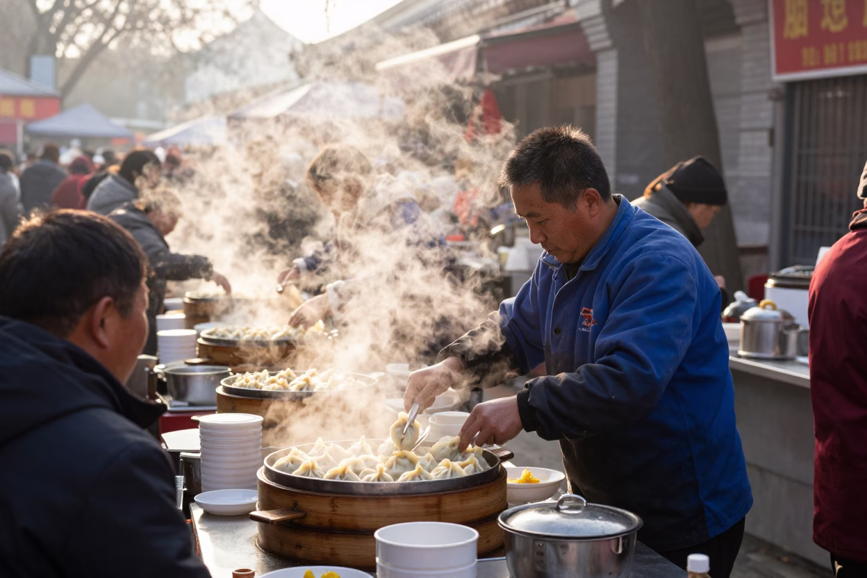 Busy Beijing Breakfast Stall at Dawn with Steaming Dumplings and Local Customers in in Beijing, China