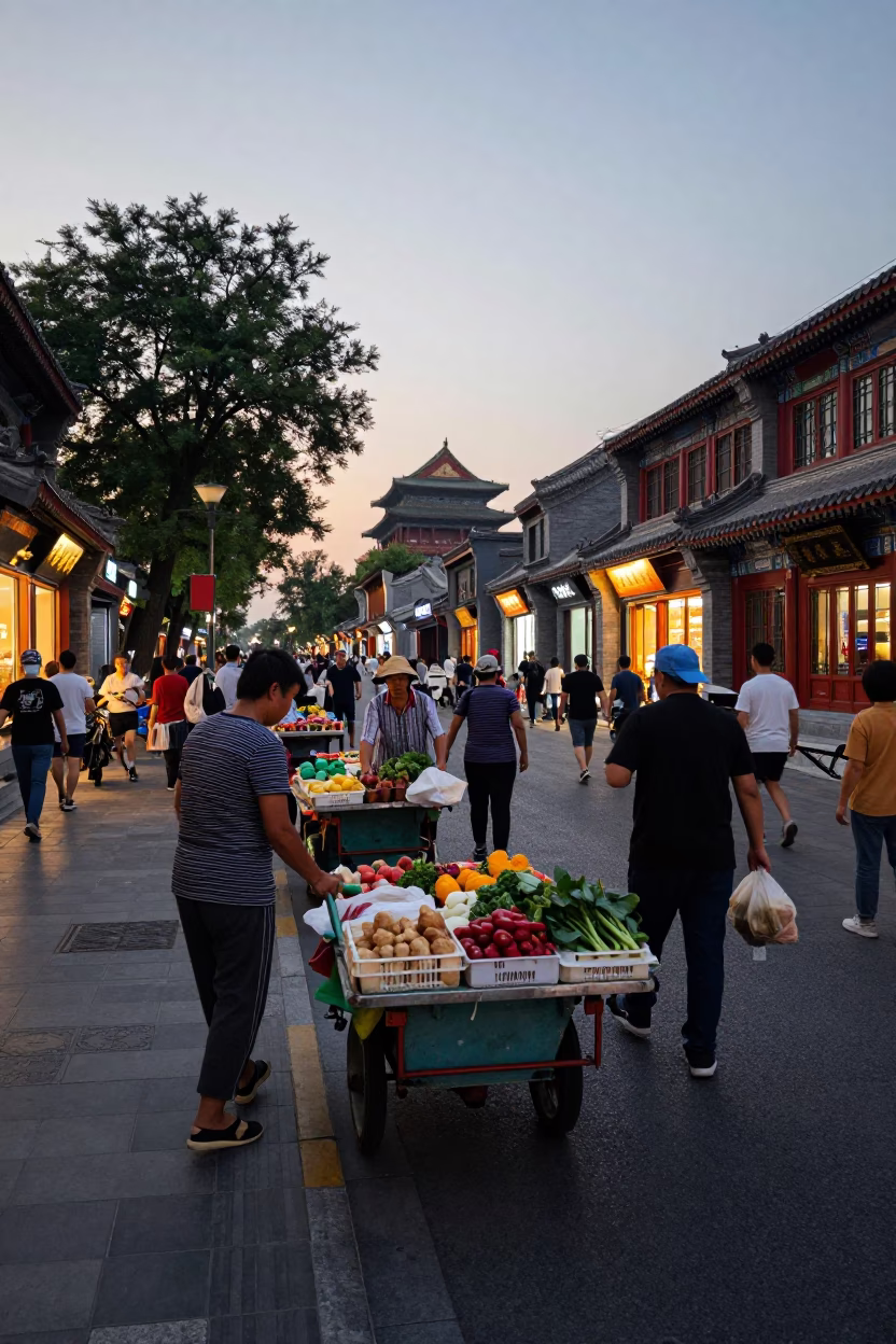 Busy Beijing Evening Street Scene with Rolling Vendor Carts and Traditional Architecture in in Beijing, China