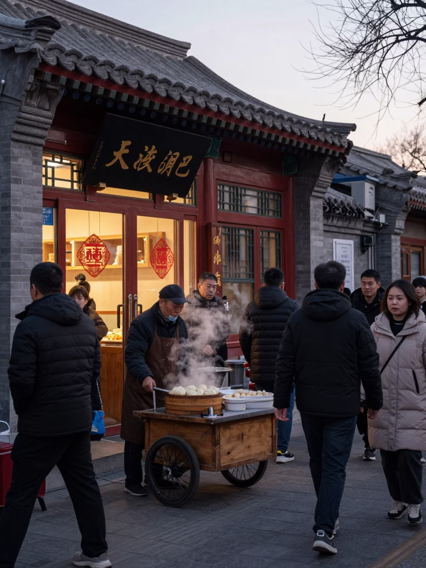Busy Beijing Evening Street Scene with Traditional Teahouse and Pedestrians in in Beijing, China