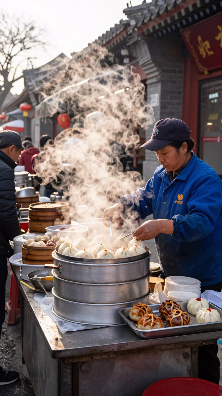 Busy Beijing Morning Market Stall Selling Dim Sum and Tea at Dawn in in Beijing, China