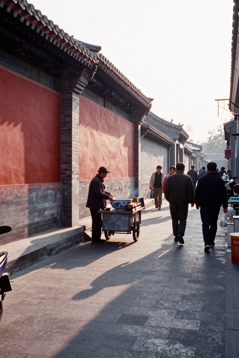 Busy Beijing Morning Street Scene with Blue Porcelain Bowl and Steam Haze After Sunrise in in Beijing, China