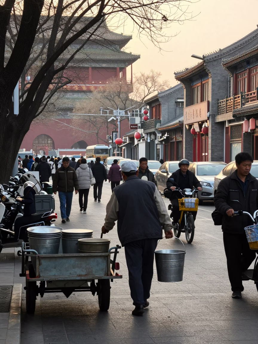 Busy Beijing Morning Street Scene with Metal Bucket and Bicycle After Sunrise in in Beijing, China
