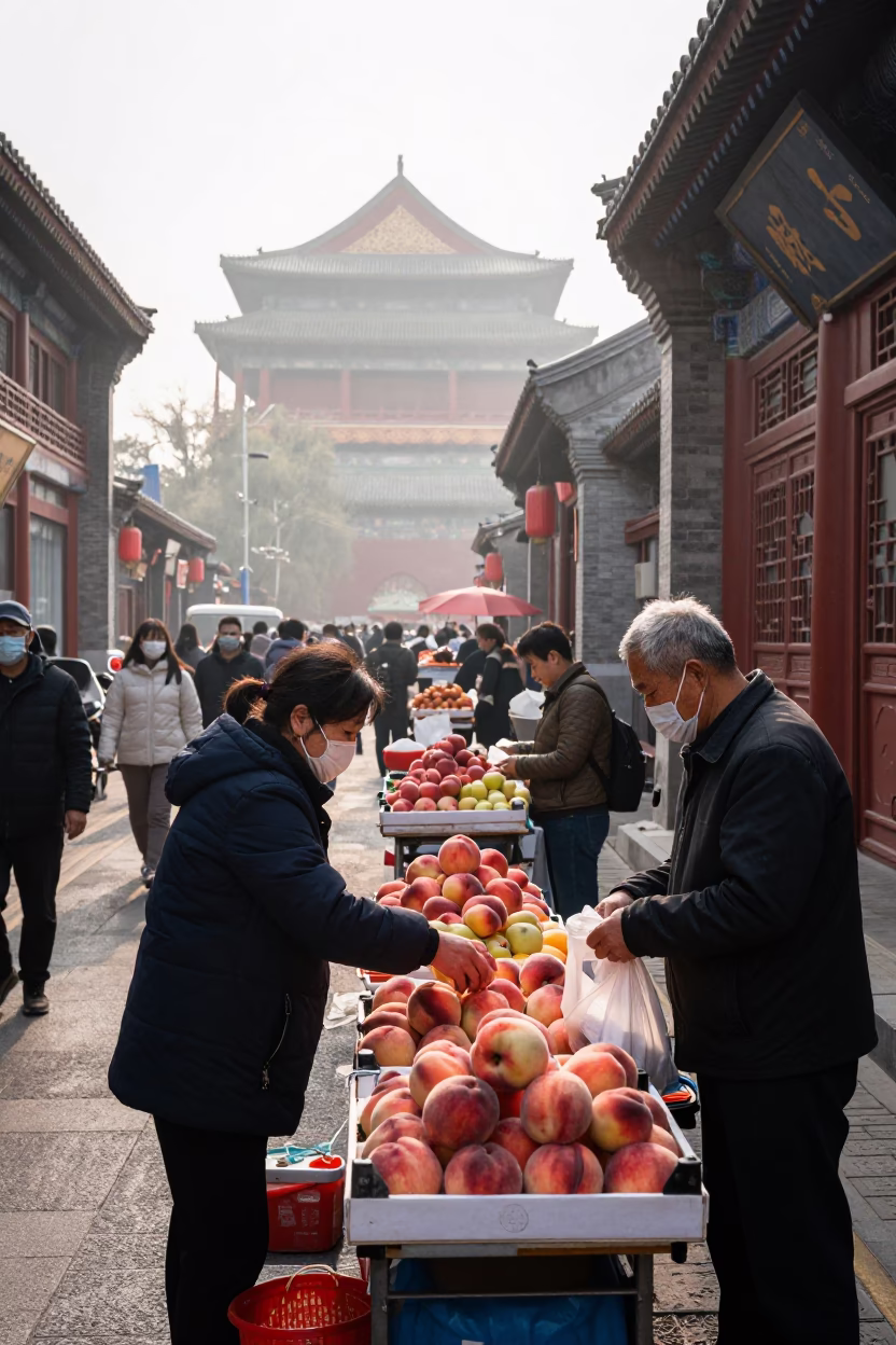Busy Beijing Morning Street Scene with Traditional Architecture and Daily Life in in Beijing, China