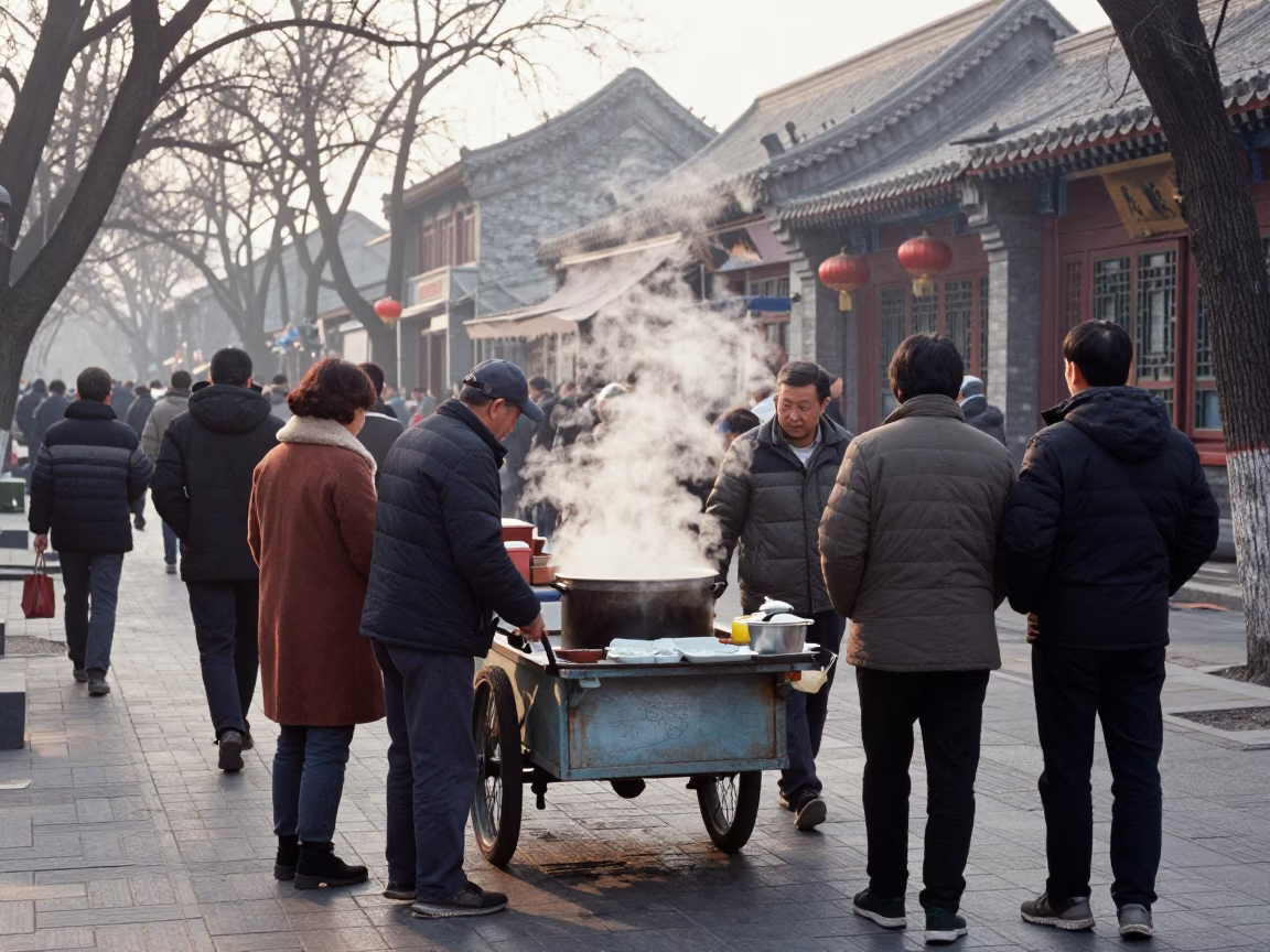 Busy Beijing Morning Street Scene with Traditional Vendor Cart and Pedestrians in in Beijing, China