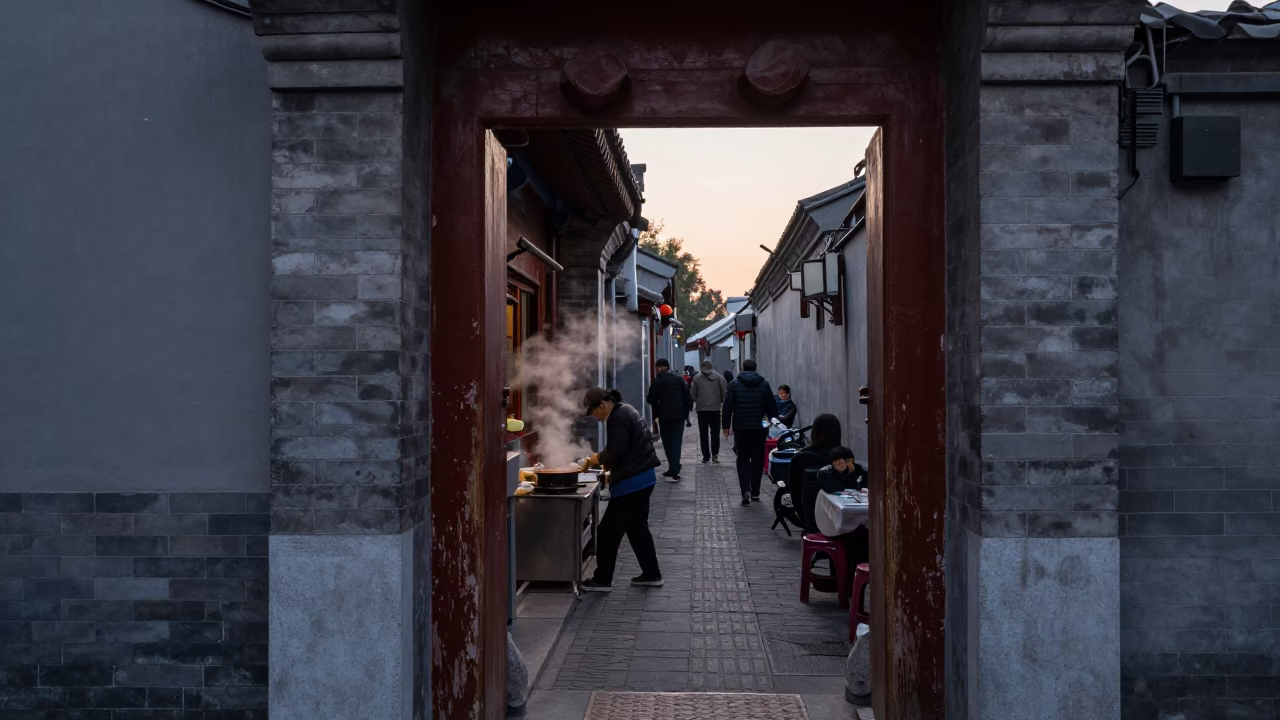 Busy Beijing Nautical Dawn Street Scene with Traditional Doorframe and Water Rings on Rail in in Beijing, China