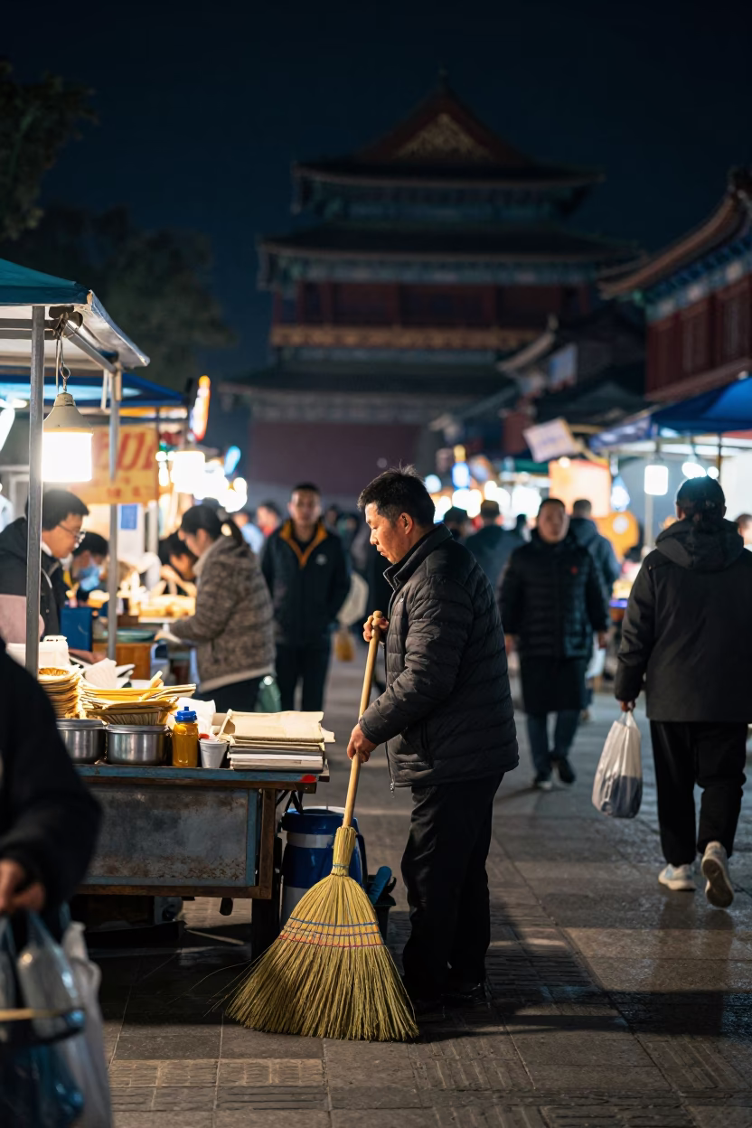 Busy Beijing Night Market Stall with Hand Broom and Vintage 1970s Atmosphere in in Beijing, China