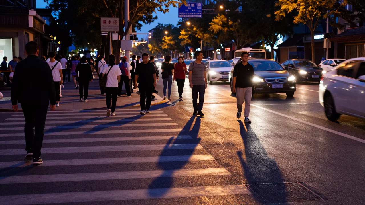 Busy Beijing Street at Twilight with Traffic Shadows and Local Commerce in in Beijing, China