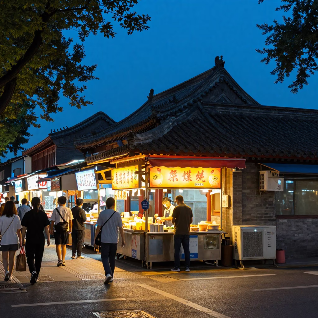 Busy Beijing Street Corner at Blue Hour with Food Stall and Pedestrians in in Beijing, China