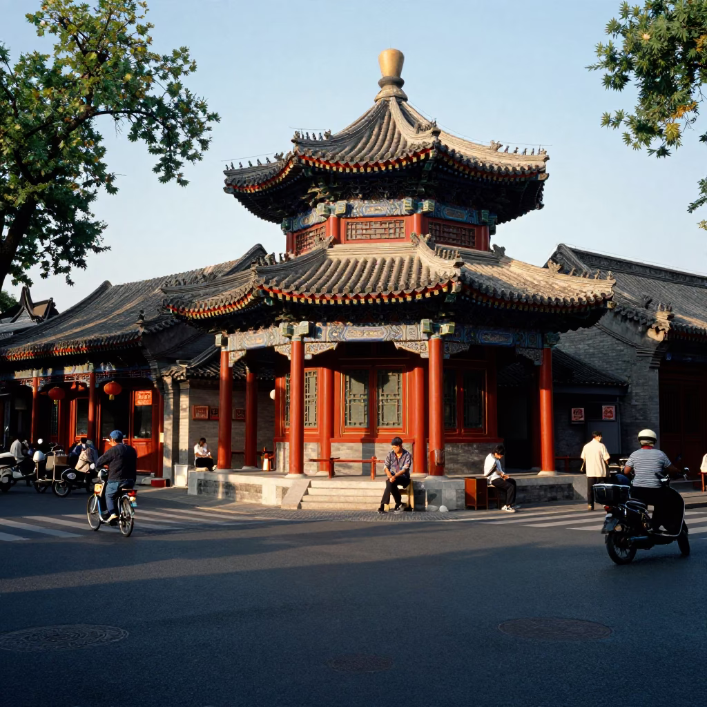 Busy Beijing Street Corner Early Afternoon with Traditional Architecture and Local Life in in Beijing, China