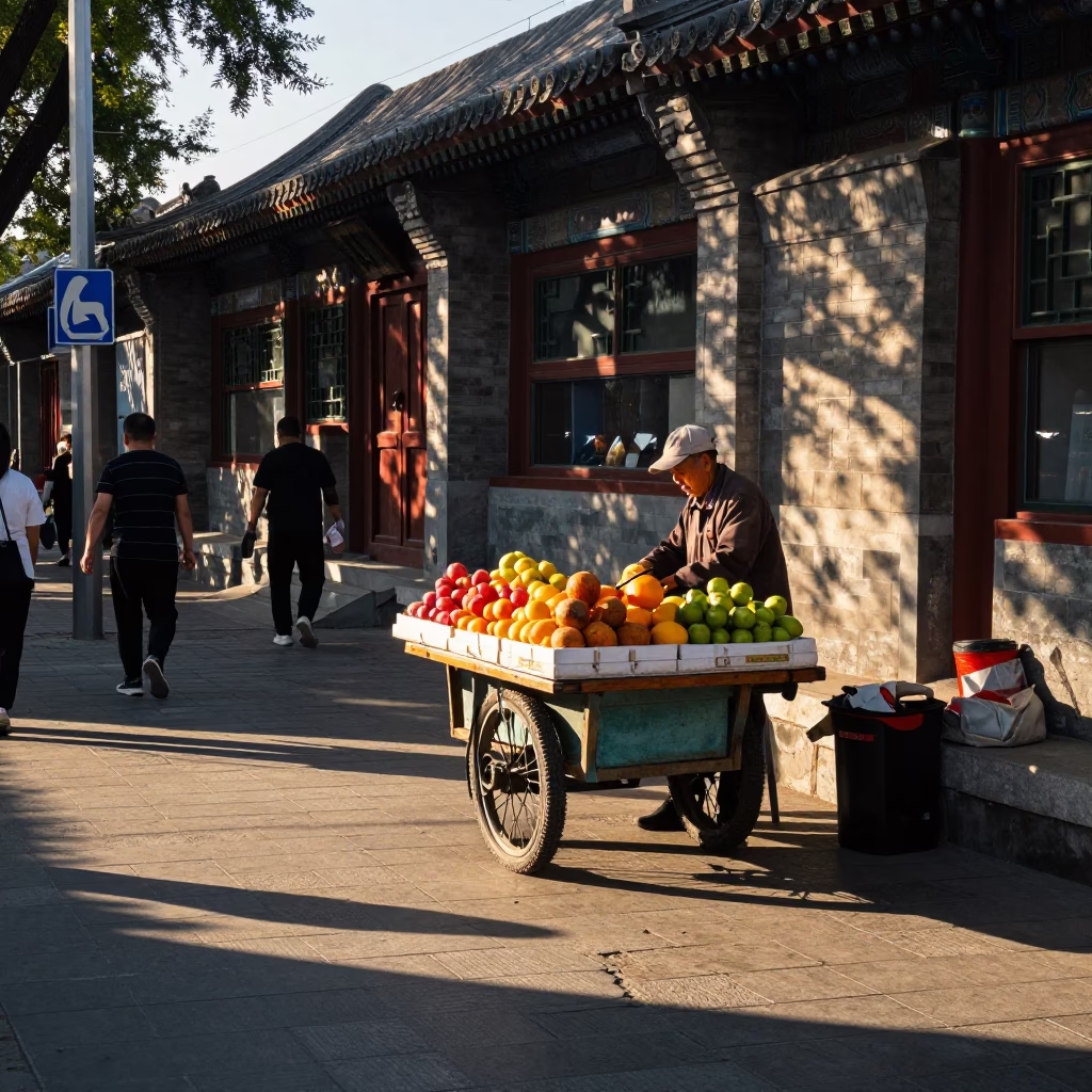 Busy Beijing Street Corner Late Afternoon Light with Fruit Vendor and Traditional Architecture in in Beijing, China