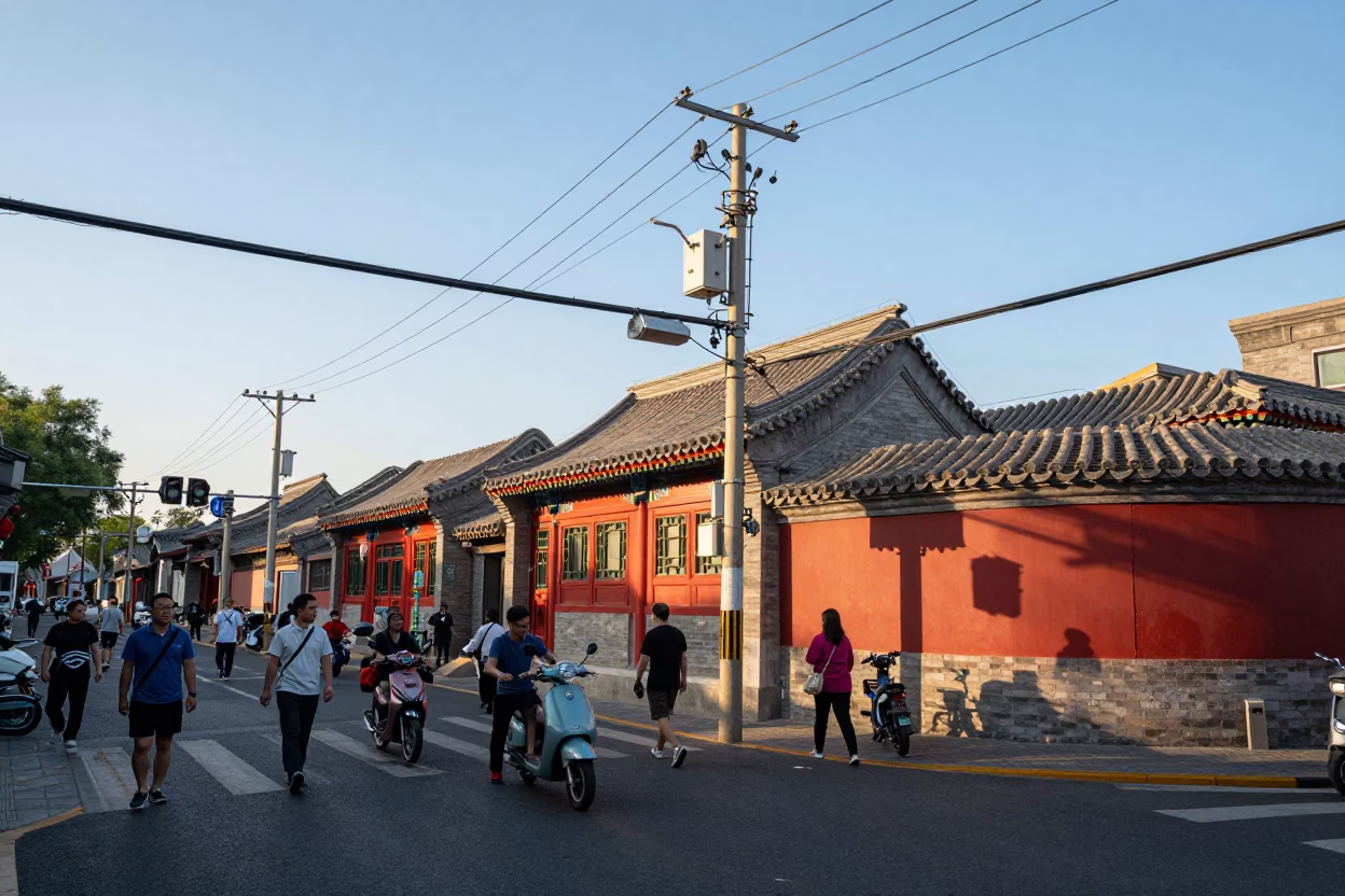 Busy Beijing street corner late afternoon with traditional architecture and daily life in in Beijing, China