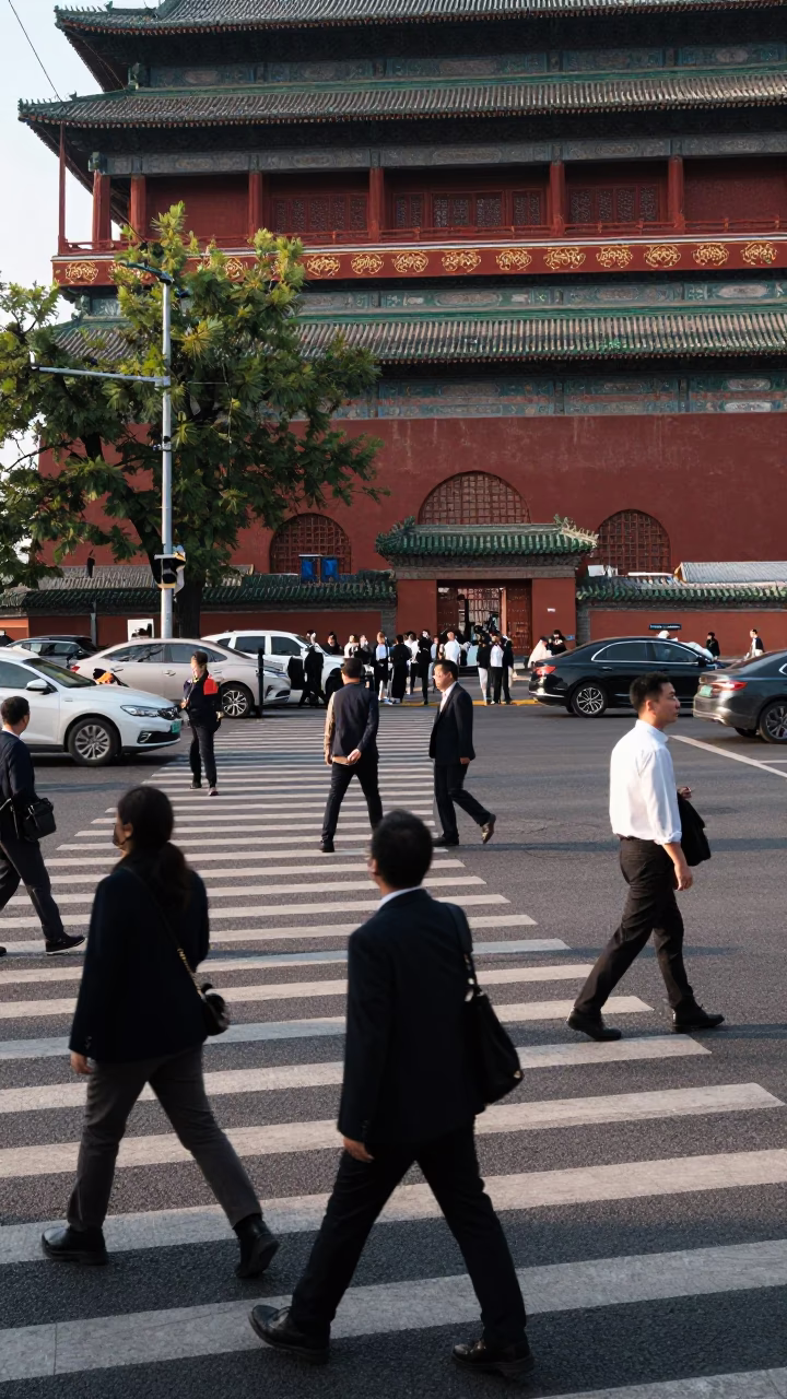 Busy Beijing Street Corner Late Morning Pedestrians and Traditional Architecture in in Beijing, China
